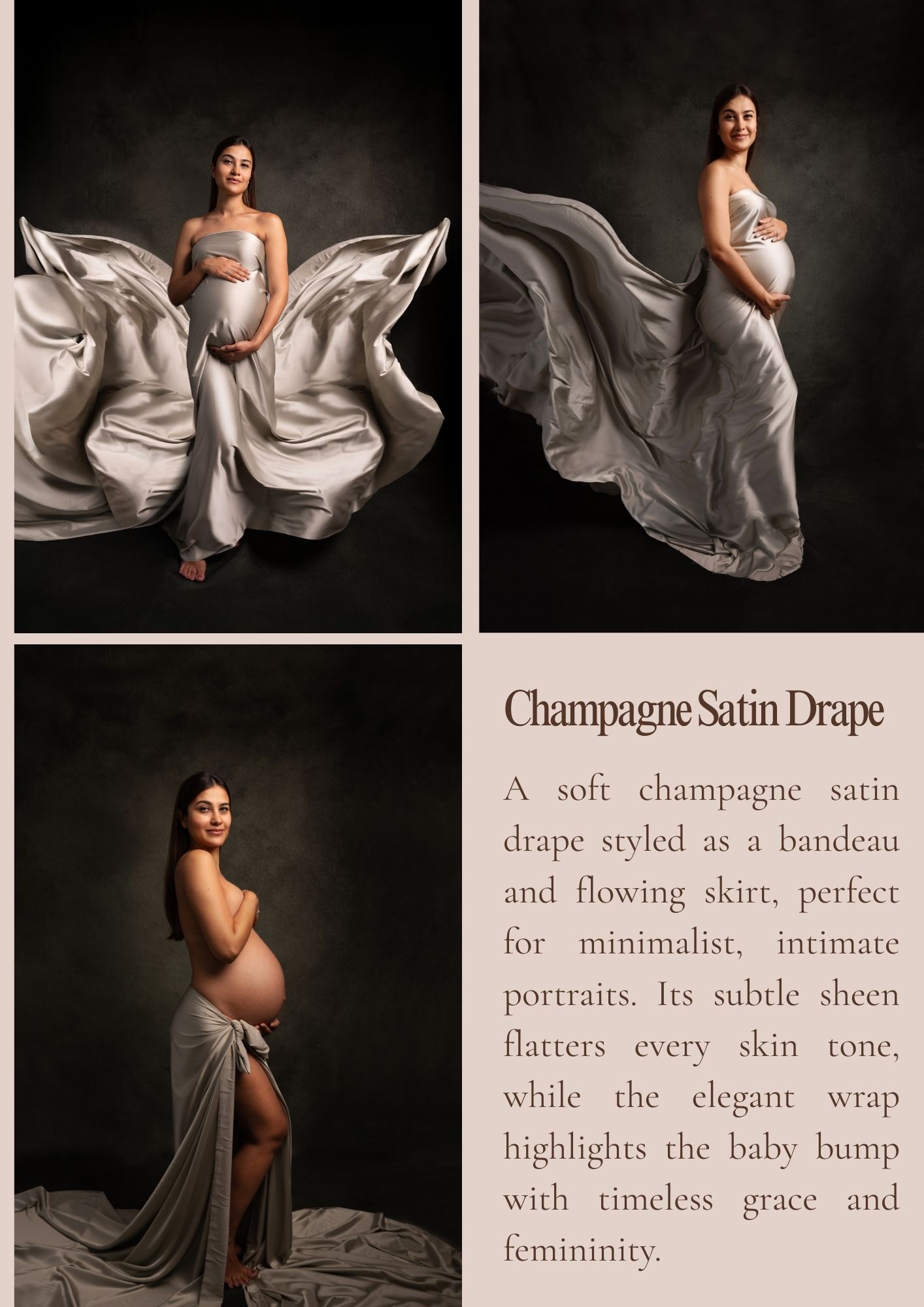 Pregnant mother posing in studio wearing satin gown