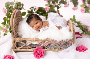 Mother and newborn baby portrait with styled outfits and minimal props