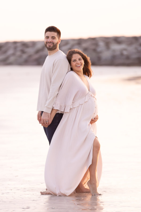 Close up maternity portrait at JBR Beach Dubai with soft sunset light